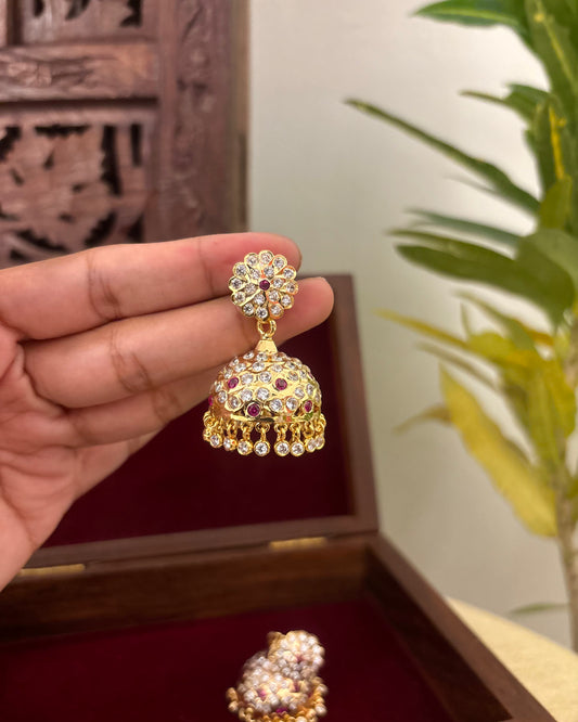 Vintage Impon Small Earrings – Classic Jhumkas | Ruby and White  | ER356