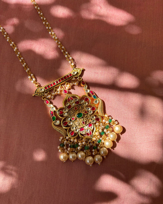 Nirvya Statement Jadau Kundan Pendant Set with Pearl String & Earrings | NC042