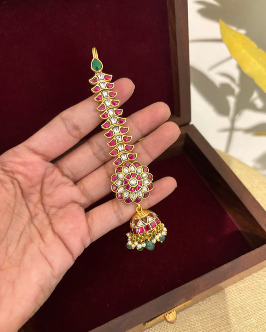 Floral Jadau Kundan Jhumkas With Pearl Hanging | Ruby & White | ER355