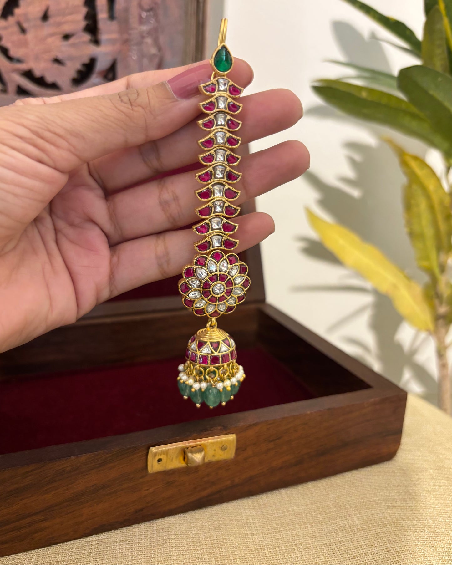 Floral Jadau Kundan Jhumkas With Pearl Hanging | Ruby & White | ER355