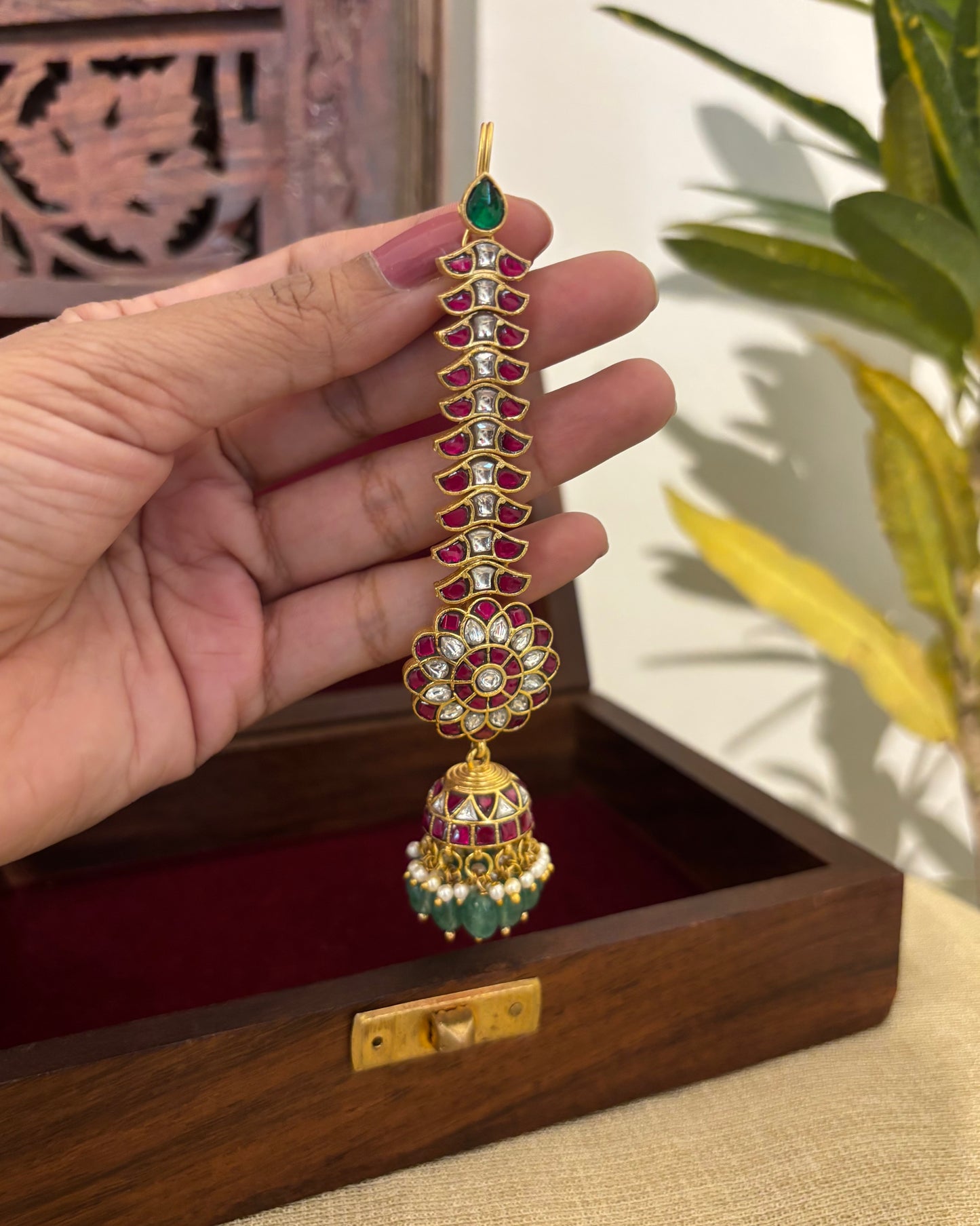 Floral Jadau Kundan Jhumkas With Pearl Hanging | Ruby & White | ER355