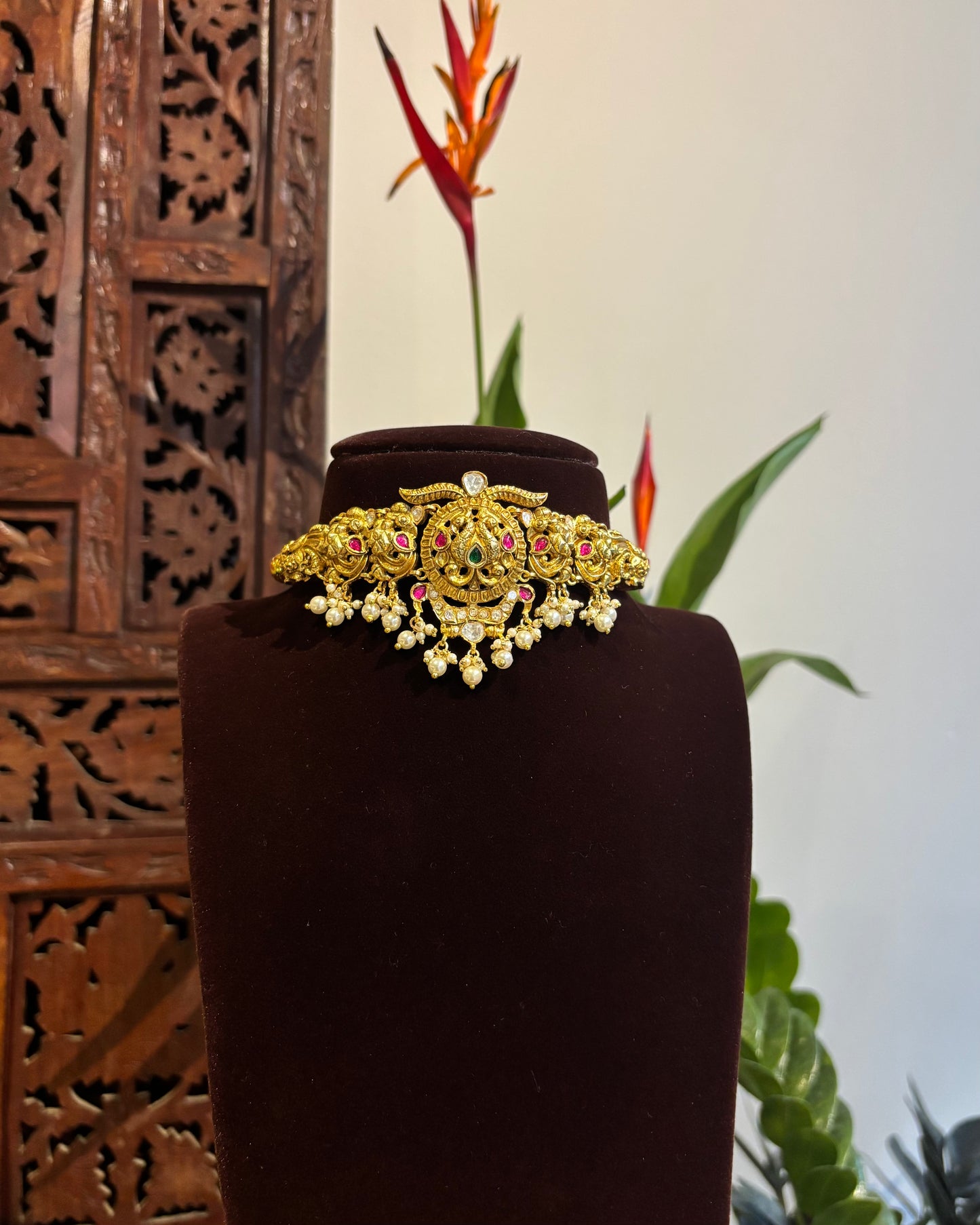 Antique Gold Peacock Necklace Set – Jadau Detailing with Pearl Drops | NC192