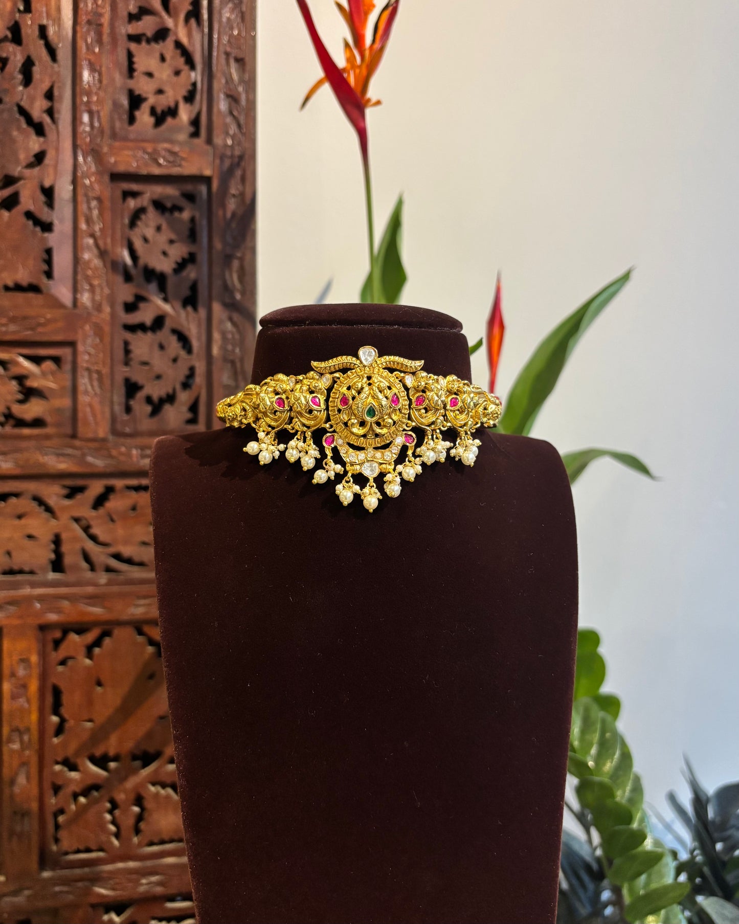 Antique Gold Peacock Necklace Set – Jadau Detailing with Pearl Drops | NC192