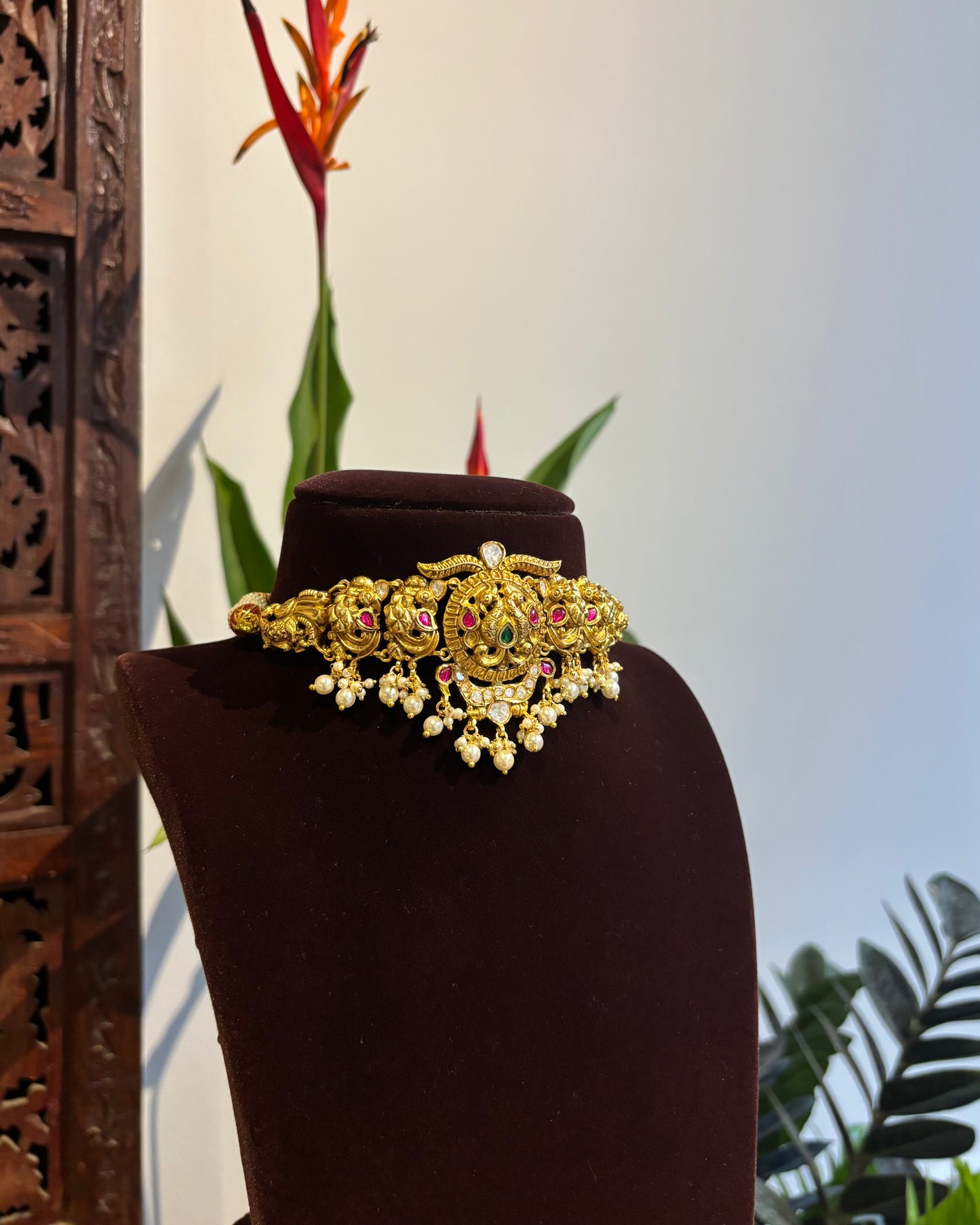 Antique Gold Peacock Necklace Set – Jadau Detailing with Pearl Drops | NC192