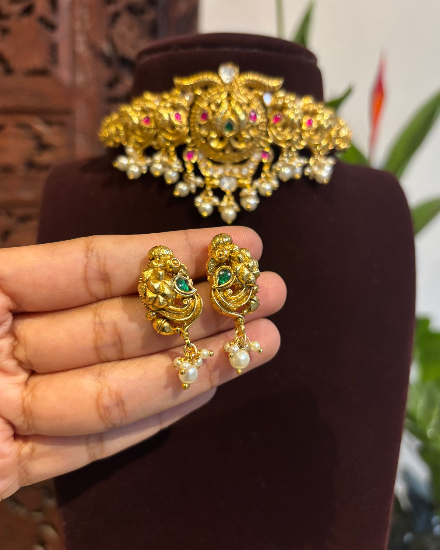 Antique Gold Peacock Necklace Set – Jadau Detailing with Pearl Drops | NC192