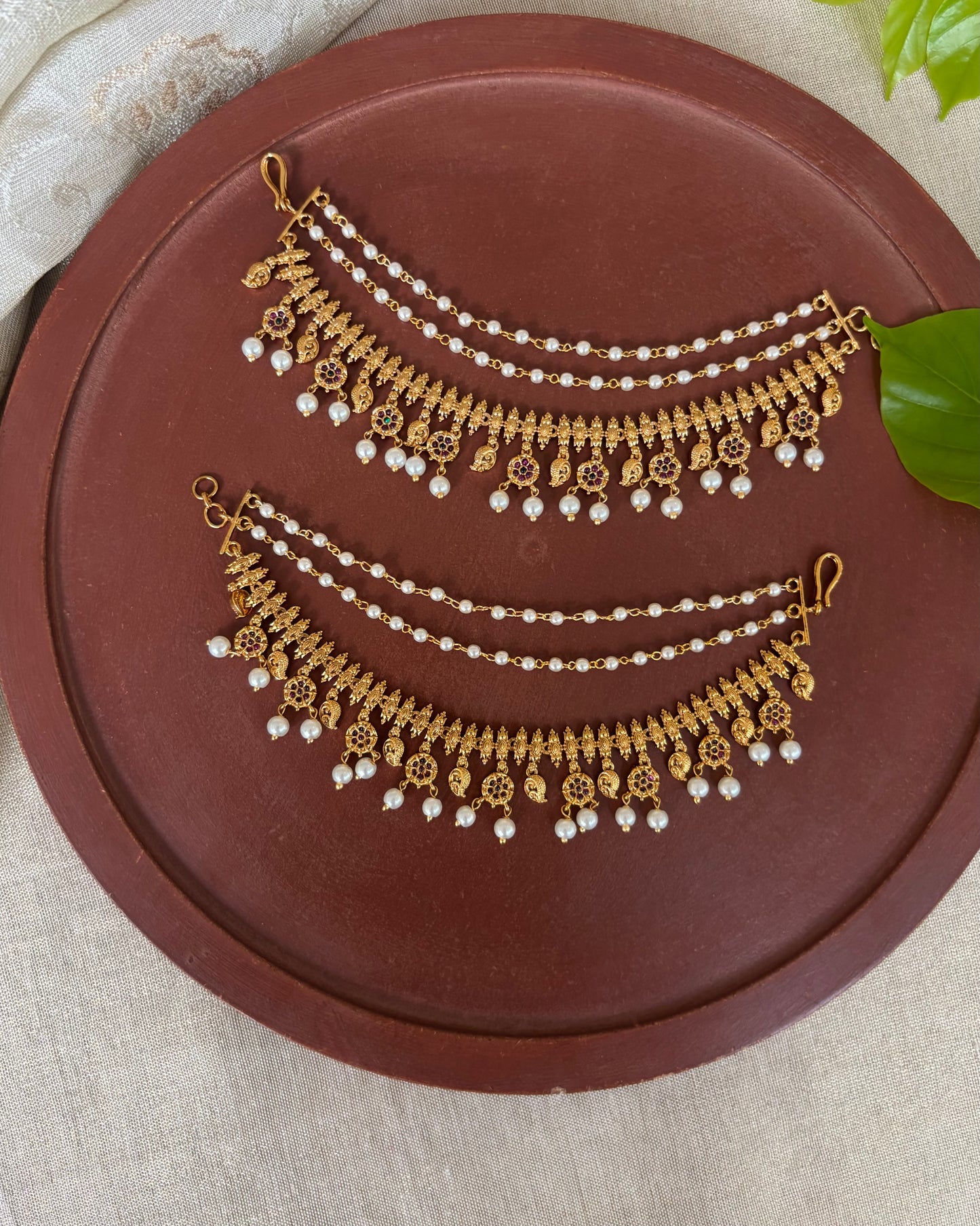 Gold Finish Pearl Three-Layer Ear Chain | EC160