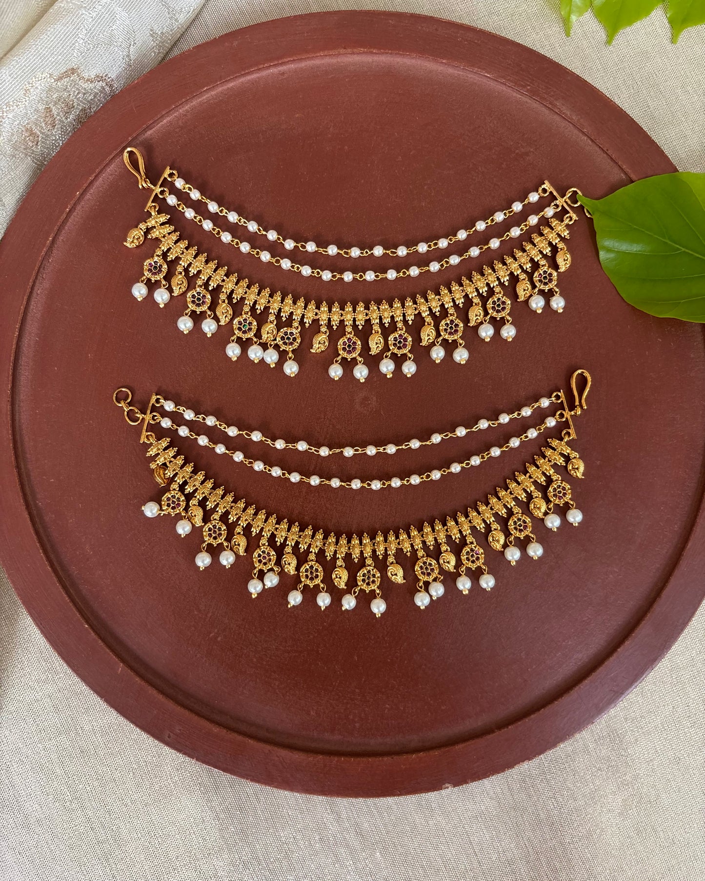 Gold Finish Pearl Three-Layer Ear Chain | EC160