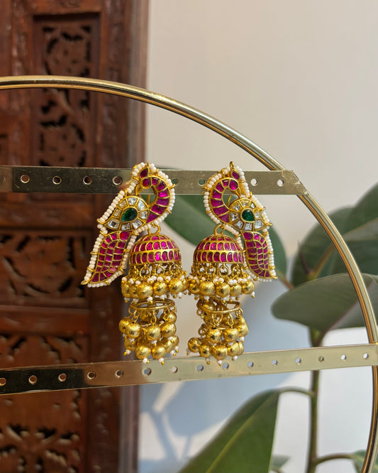 Handcrafted Peacock Jadau Kundan Jhumkas  – Statement Earrings | ER221