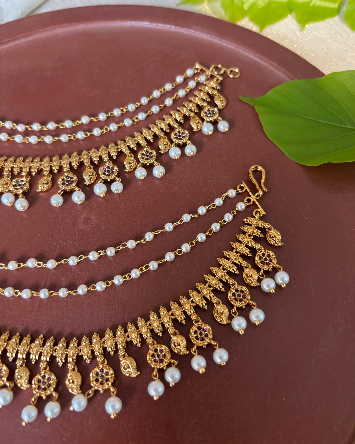 Gold Finish Pearl Three-Layer Ear Chain | EC160