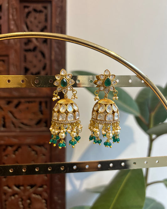 White & Green Floral Moissanite Jhumkas  | ER223