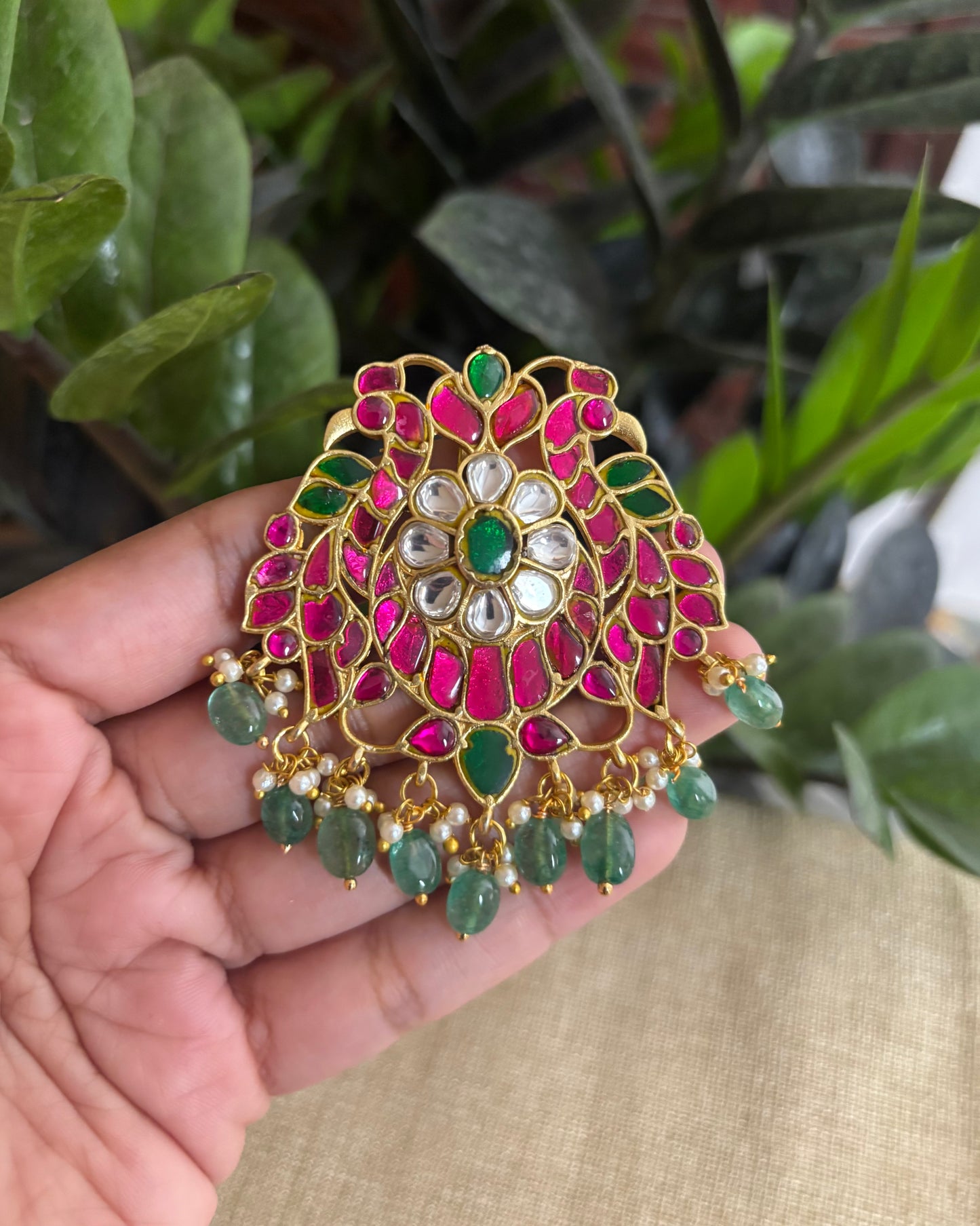 Intricate Floral Peacock Jadau Kundan Pendant | HA197