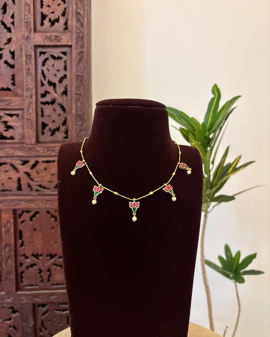 Jadau Kundan Invisible Chain Necklace with Earrings |Ruby & Green | NC597