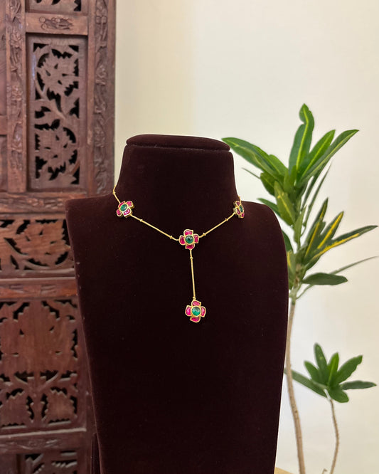 Jadau Kundan Invisible Chain Necklace with Earrings | Ruby & Green | NC599