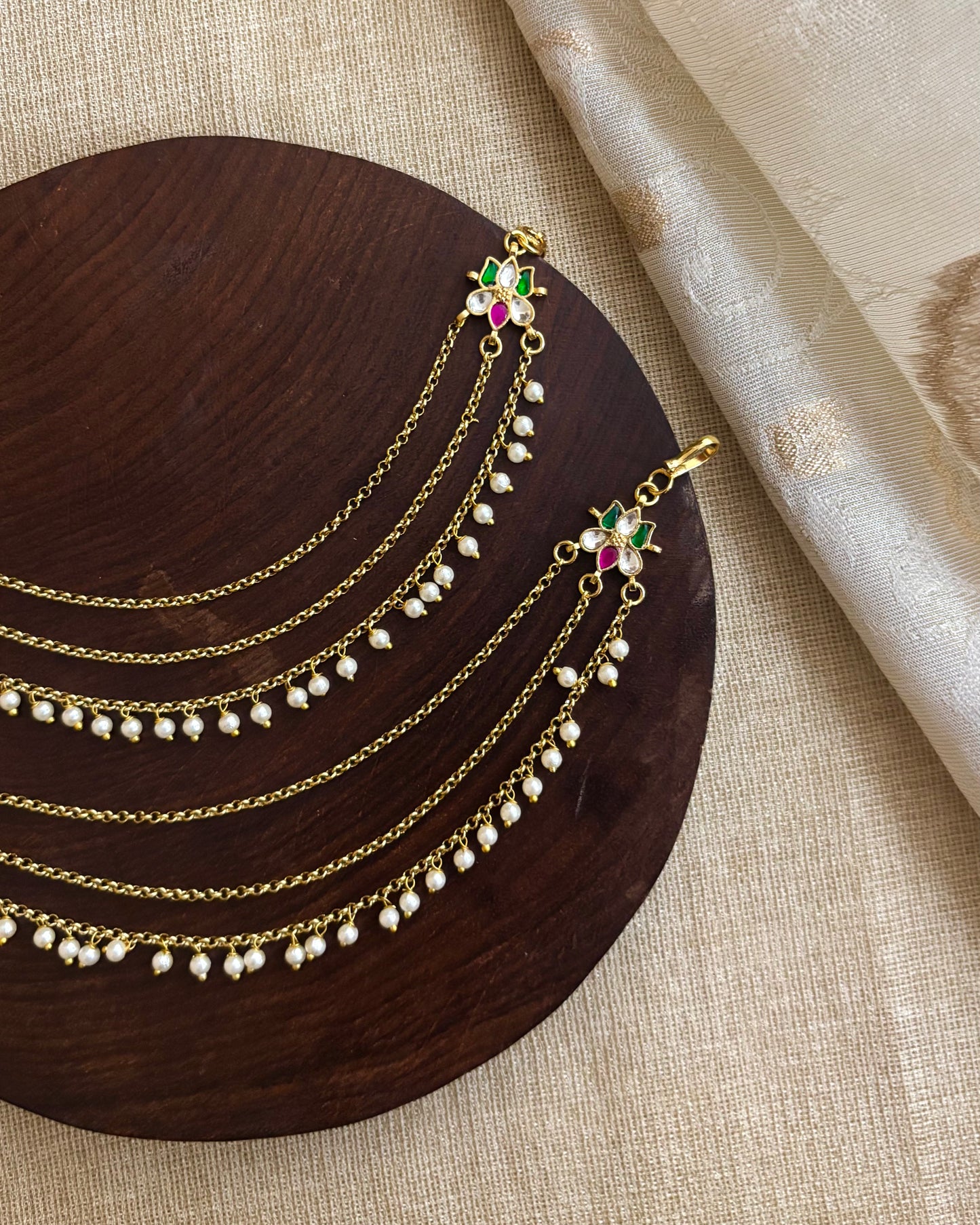 Lotus Minimal 3-Layer Pearl Kundan Ear Chain | EC090