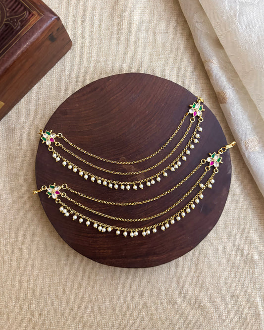 Lotus Minimal 3-Layer Pearl Kundan Ear Chain | EC090