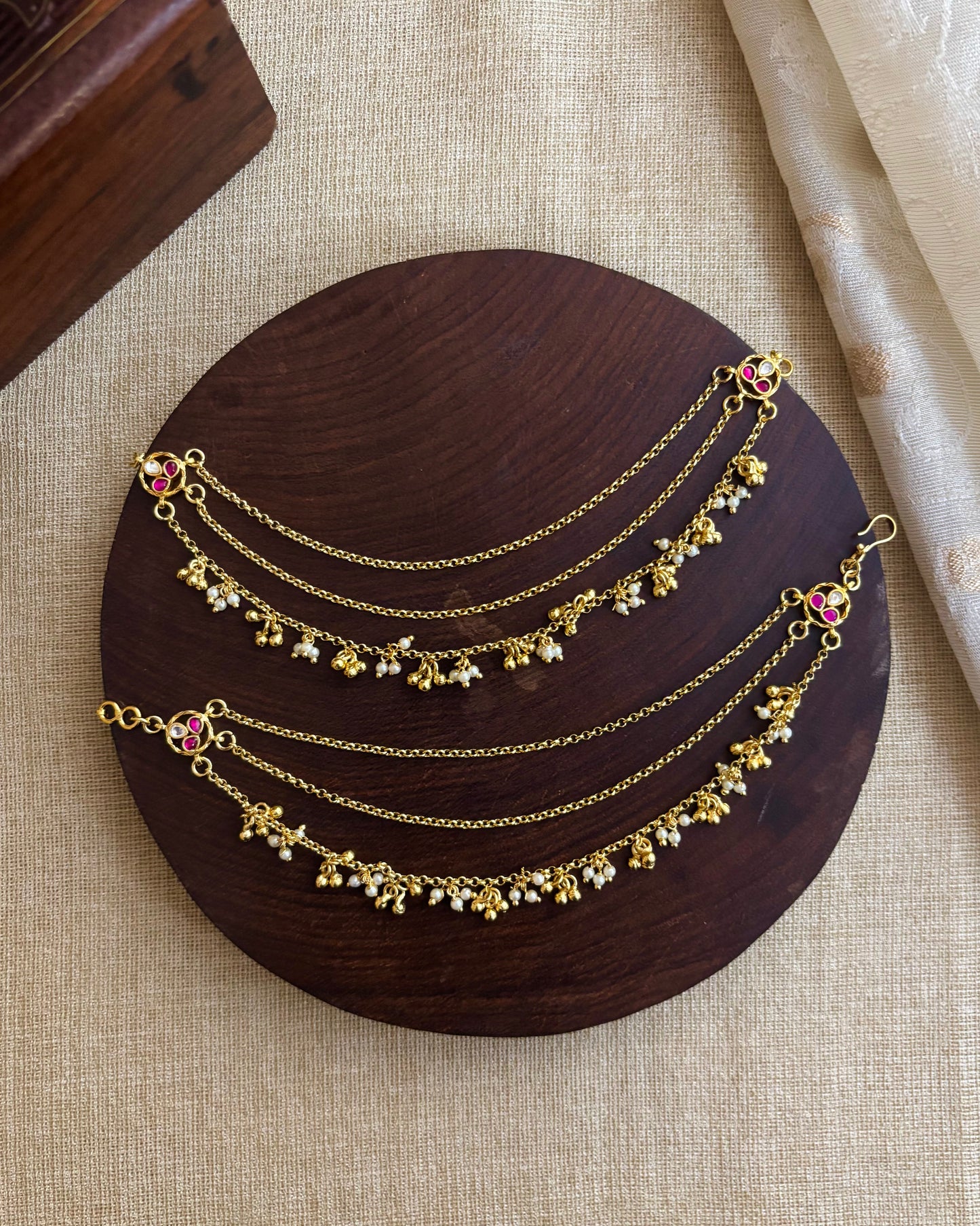 Minimal 3-Layer Gold Plated Kundan Ear Chain | EC089