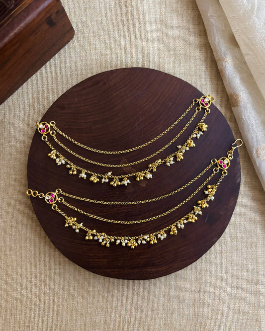 Minimal 3-Layer Gold Plated Kundan Ear Chain | EC089