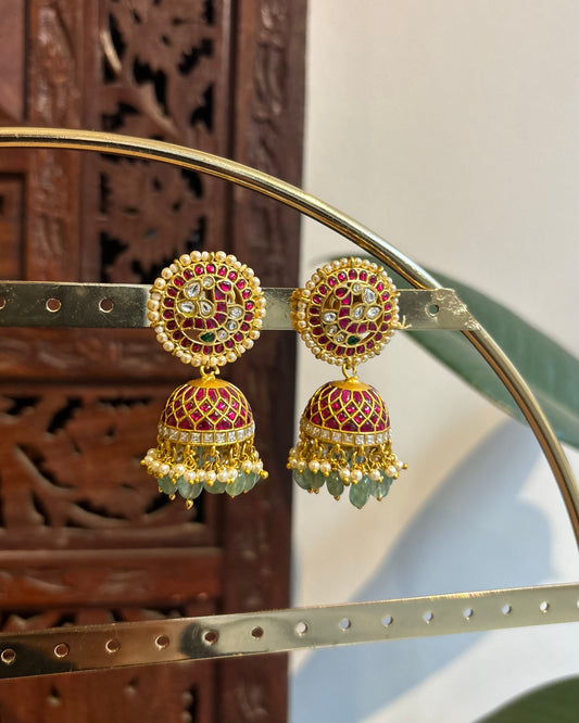 Multicolor Floral Jadau Kundan Jhumkas with Pearl Hangings | ER226