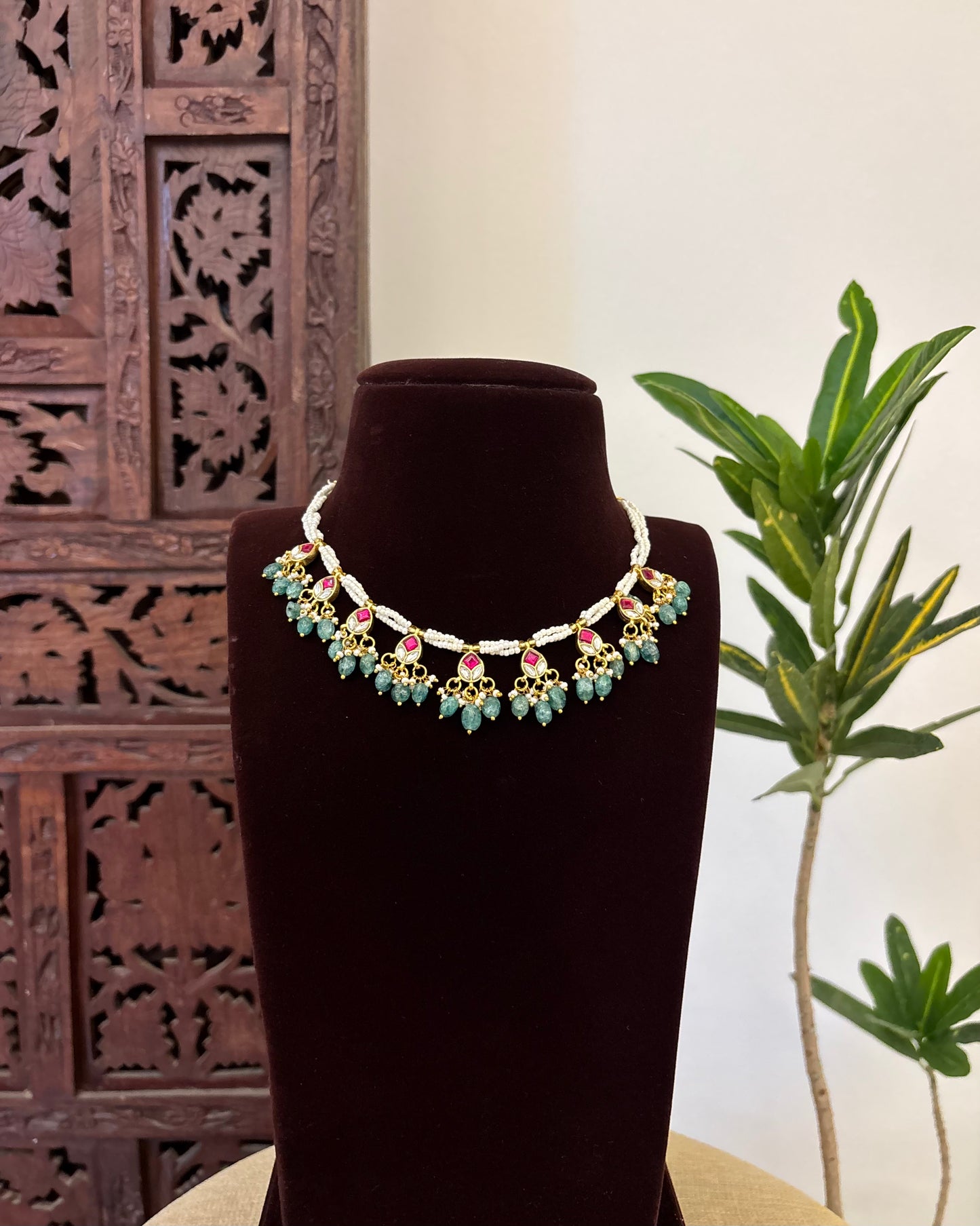 Antique Floral Peacock Jadau Pearl Choker | NC601