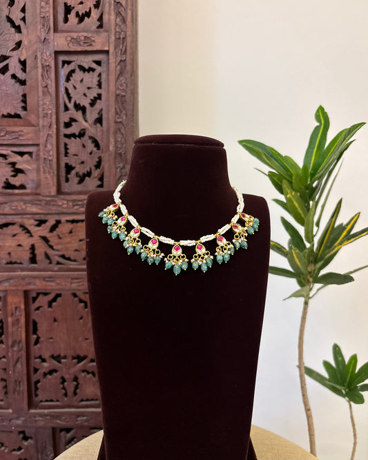 Antique Floral Peacock Jadau Pearl Choker | NC601