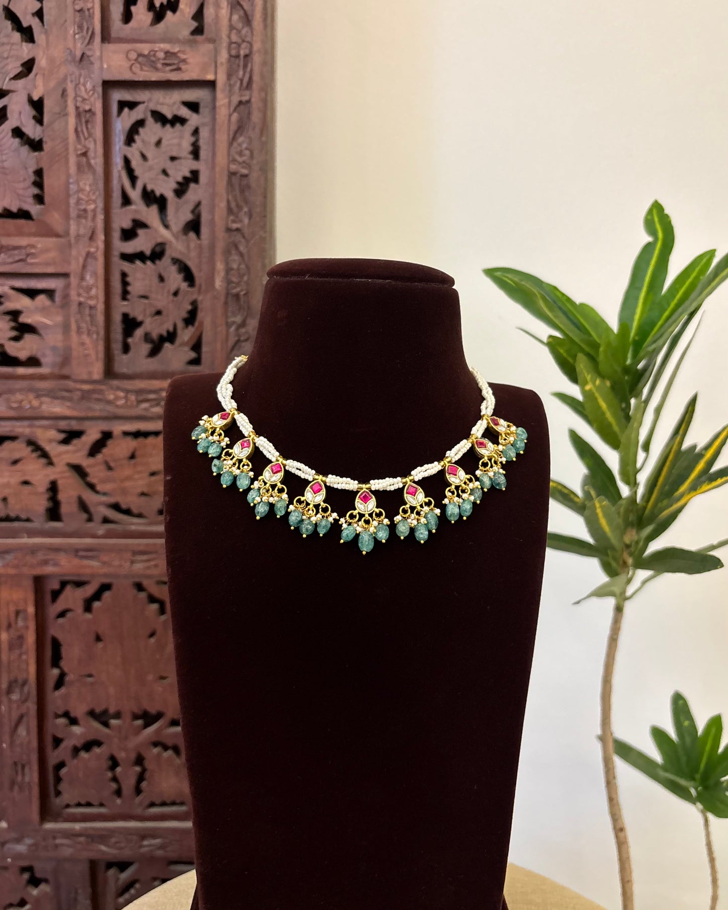 Antique Floral Peacock Jadau Pearl Choker | NC601