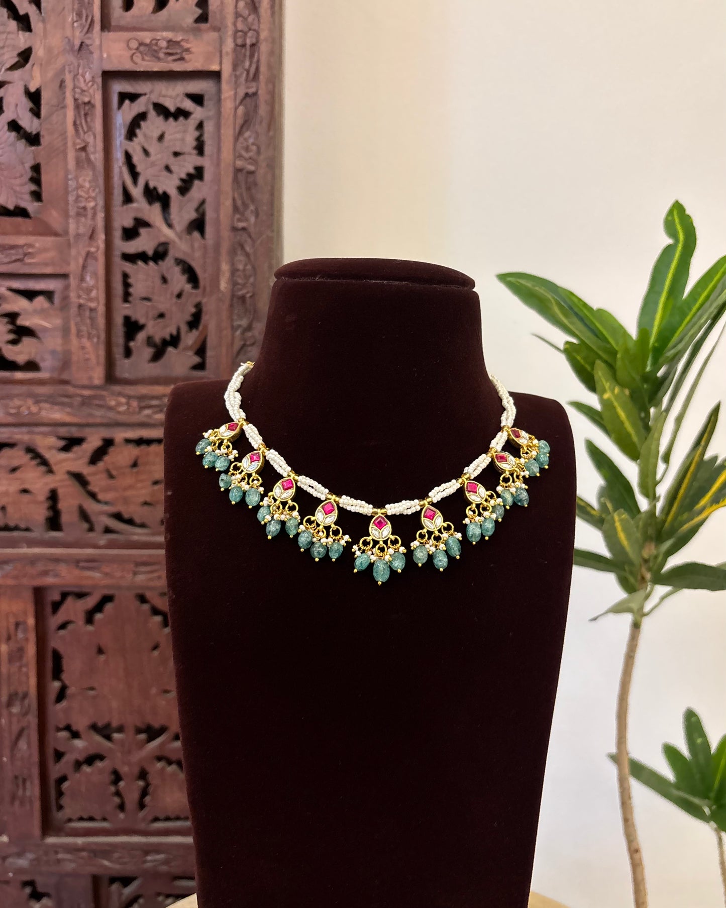 Antique Floral Peacock Jadau Pearl Choker | NC601