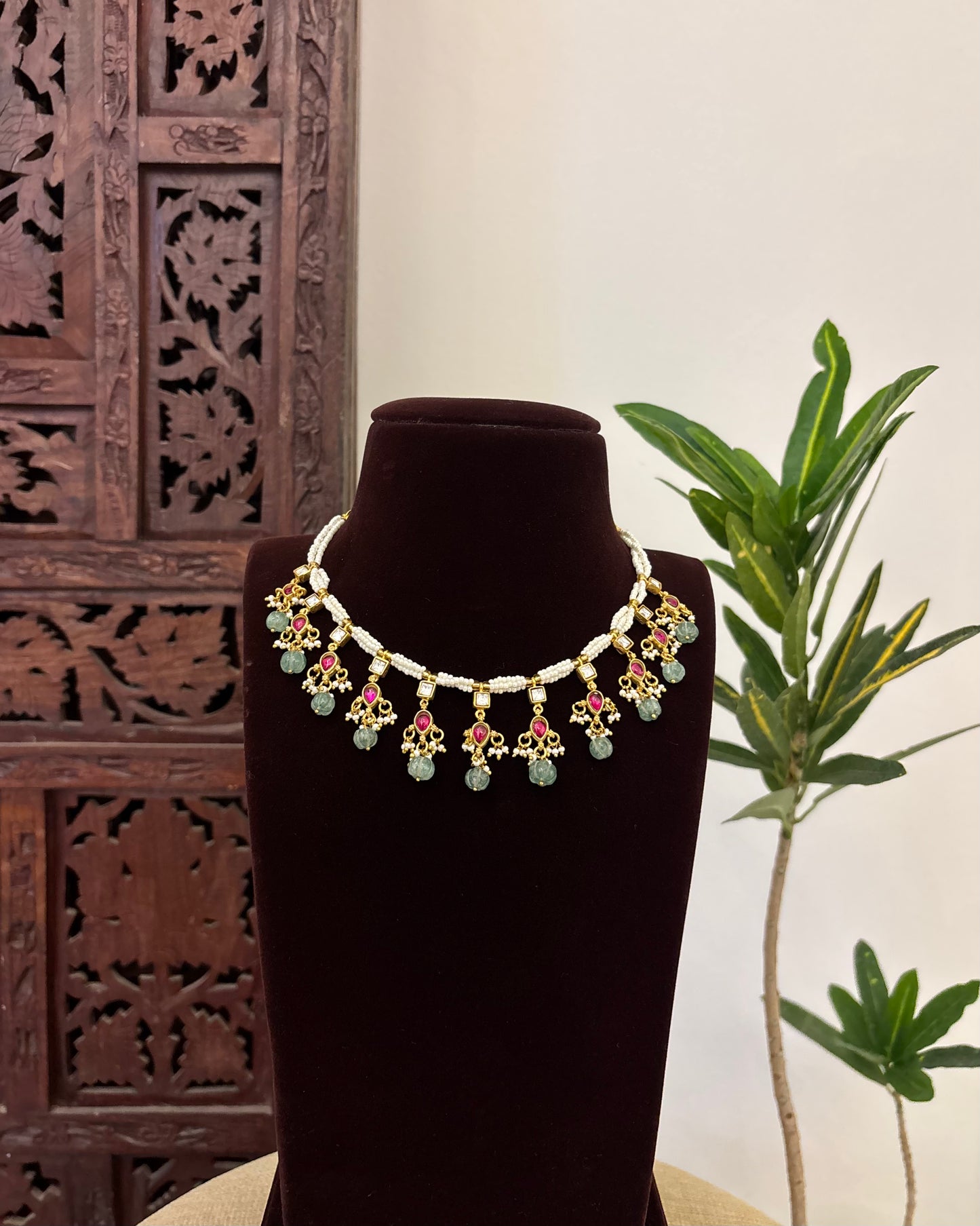 Antique Floral Peacock Jadau Pearl Choker | NC602