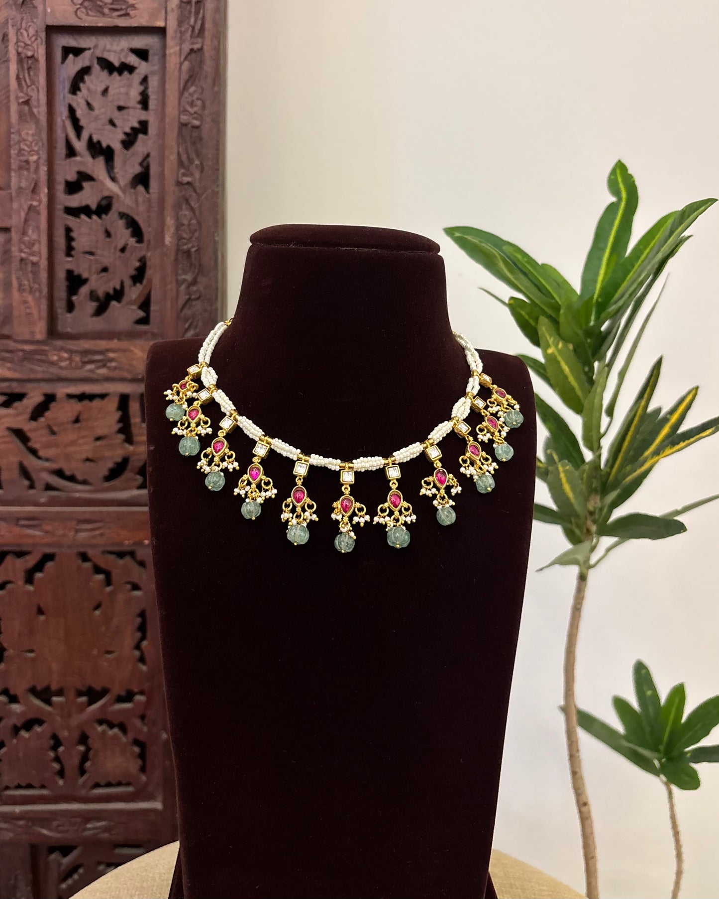 Antique Floral Peacock Jadau Pearl Choker | NC602