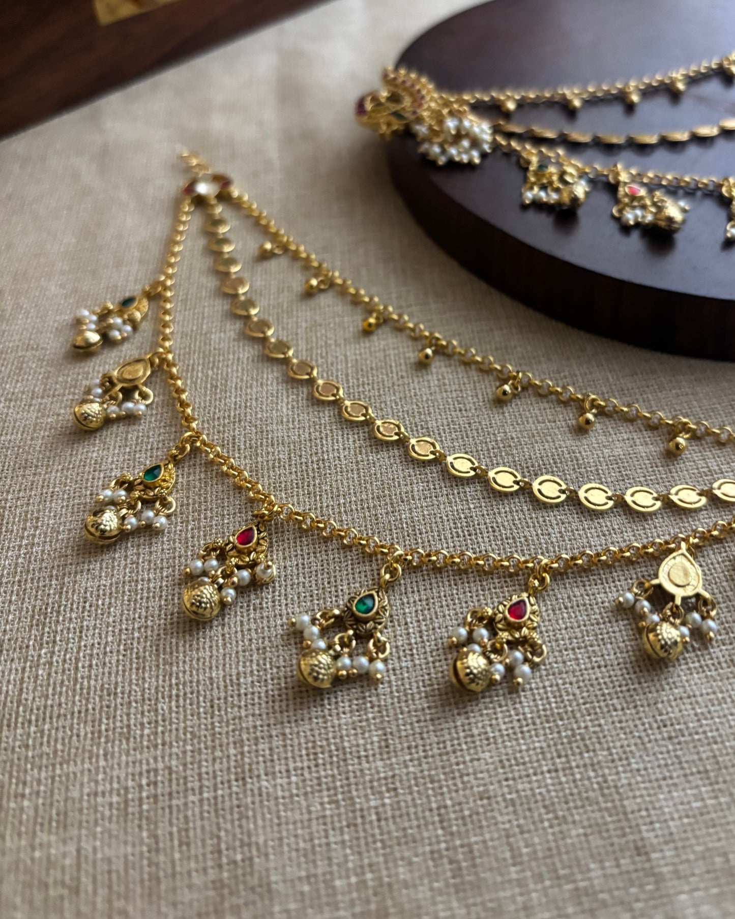 Statement Peacock Kundan Ear Chain – Pink & White | EC096