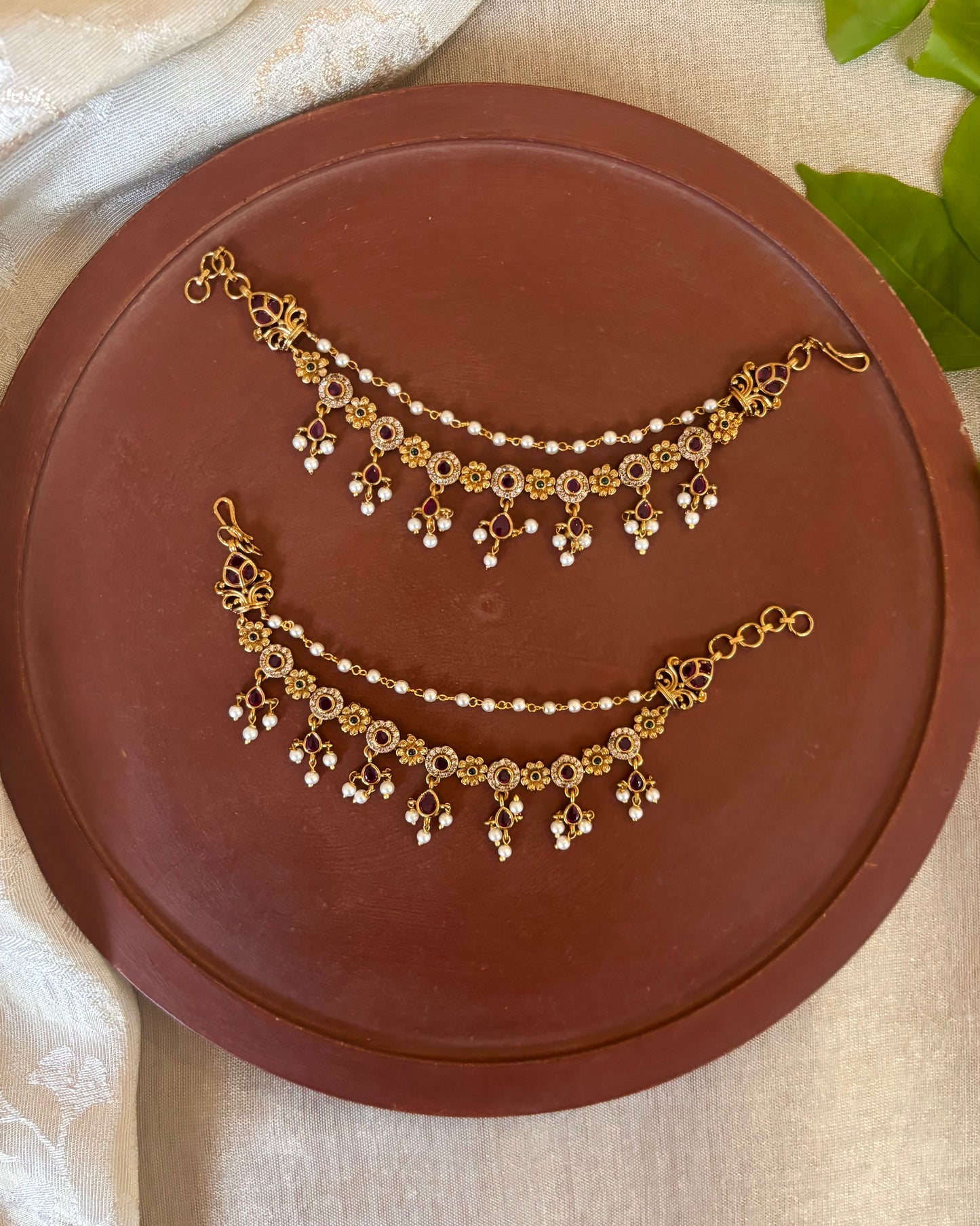 Gold Finish Pearl Two-Layer Ear Chain | EC163