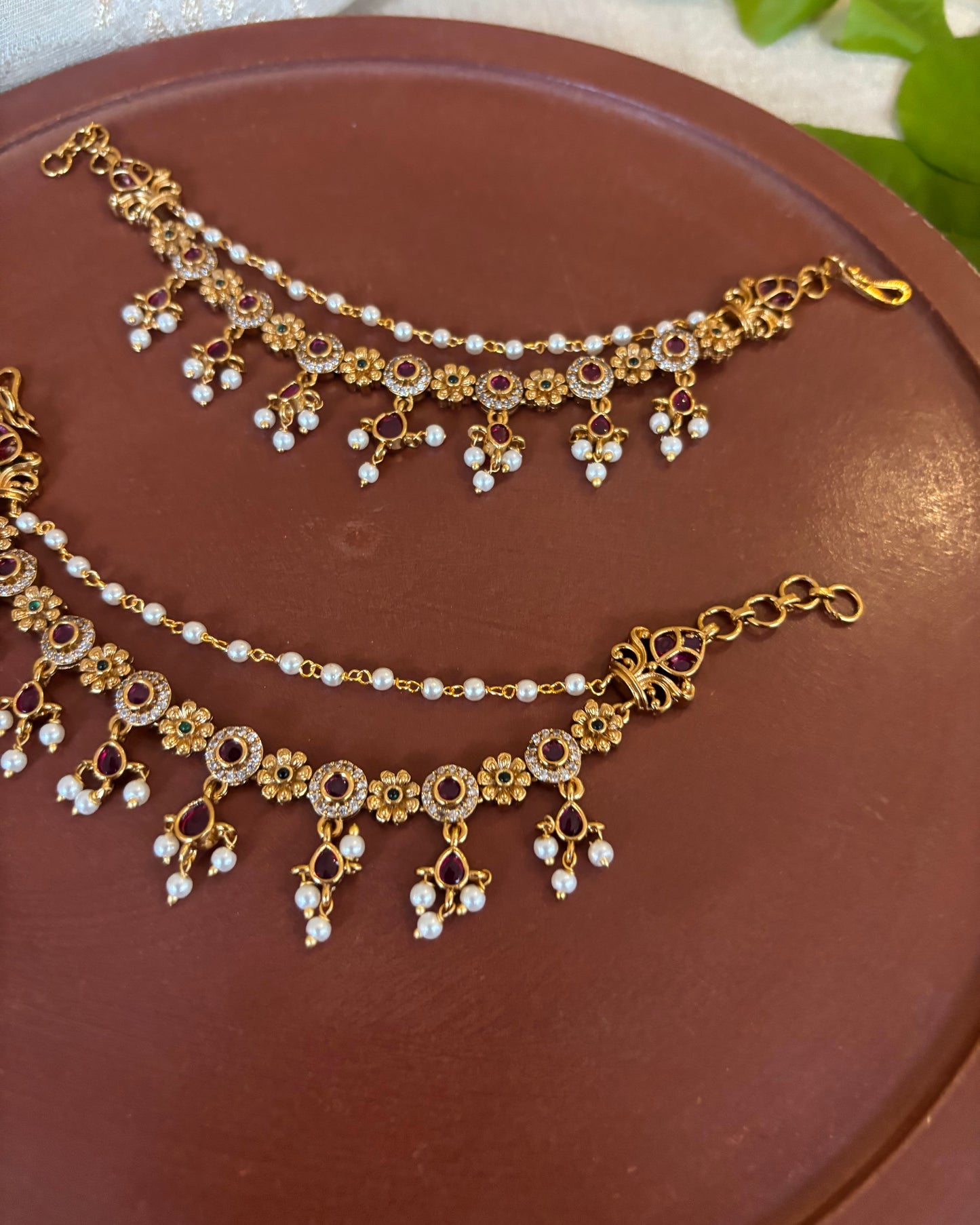 Gold Finish Pearl Two-Layer Ear Chain | EC163