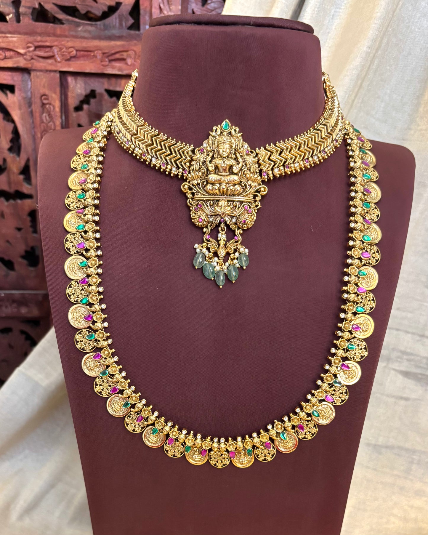 Lakshmi & Floral Kaasu Haram with Kundan Detailing & Matching Jhumkas | NC112