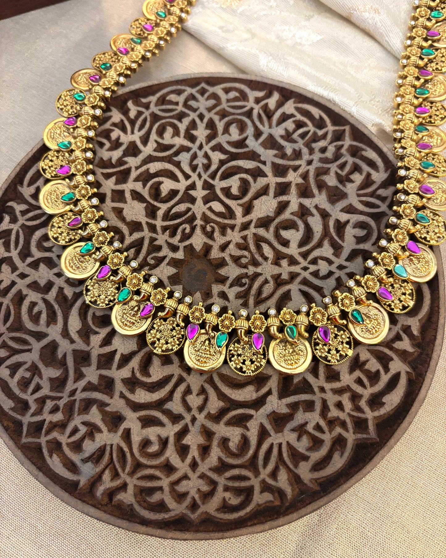 Lakshmi & Floral Kaasu Haram with Kundan Detailing & Matching Jhumkas | NC112