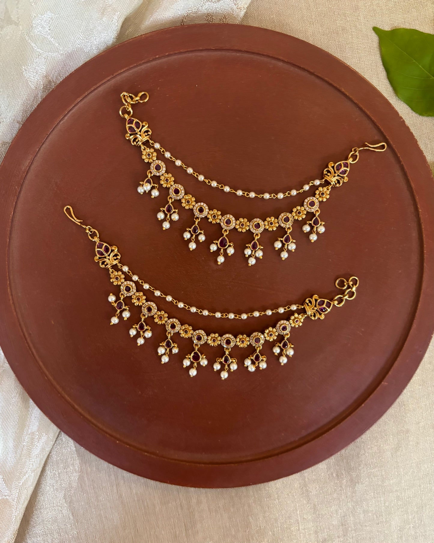 Gold Finish Pearl Two-Layer Ear Chain | EC163