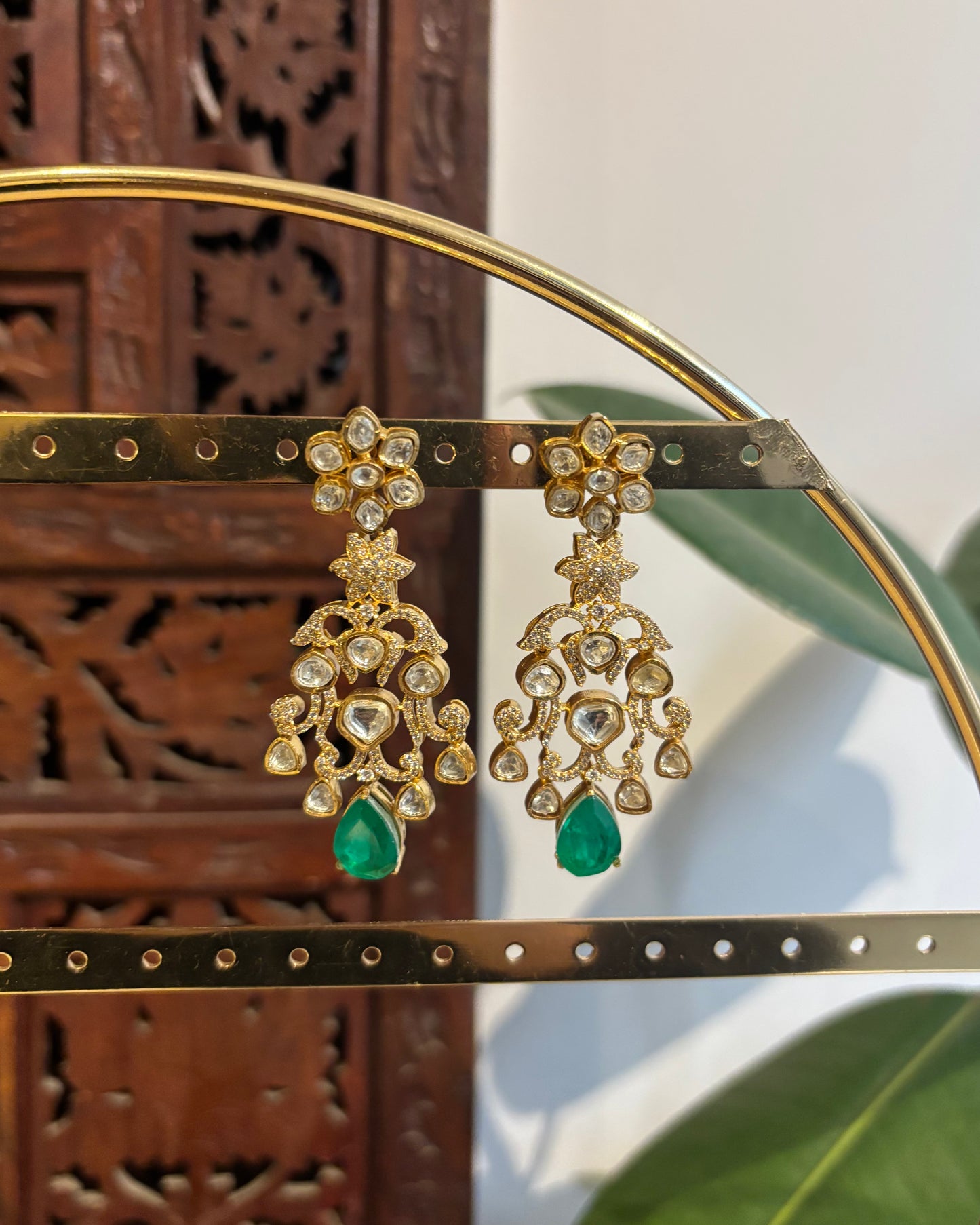 Green & White Moissanite Floral Long Statement Earrings| ER215