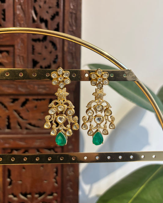 Green & White Moissanite Floral Long Statement Earrings| ER215