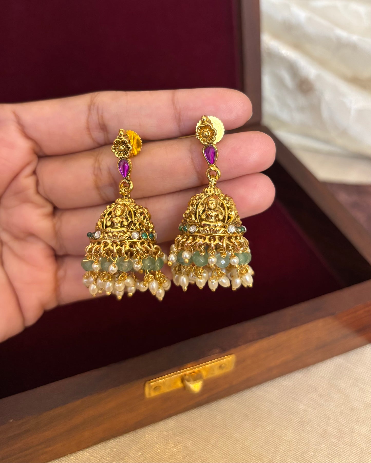Lakshmi & Floral Kaasu Haram with Kundan Detailing & Matching Jhumkas | NC112