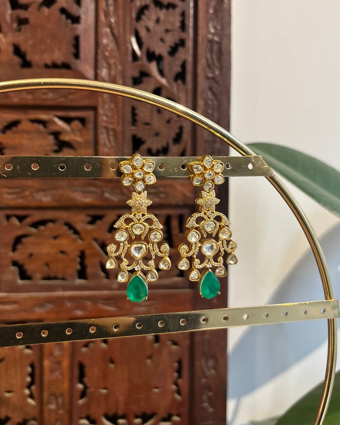 Green & White Moissanite Floral Long Statement Earrings| ER215