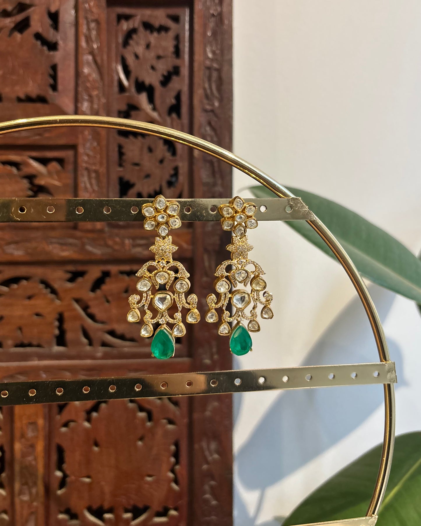 Green & White Moissanite Floral Long Statement Earrings| ER215