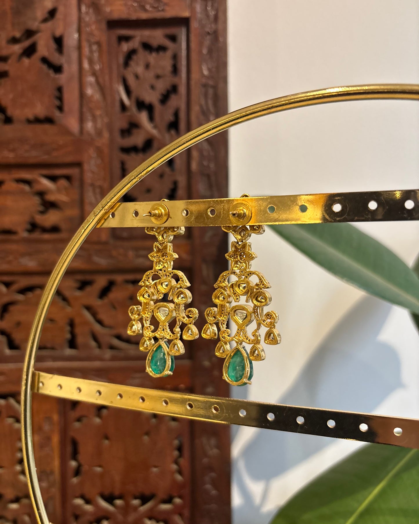 Green & White Moissanite Floral Long Statement Earrings| ER215