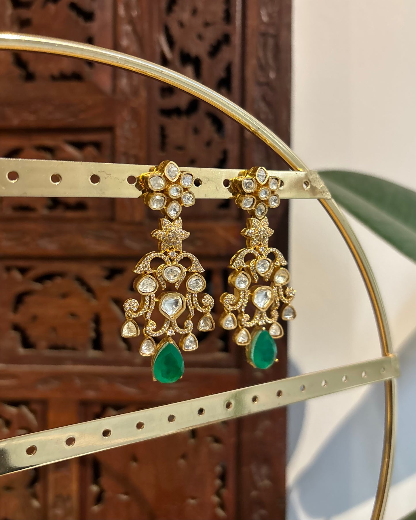 Green & White Moissanite Floral Long Statement Earrings| ER215