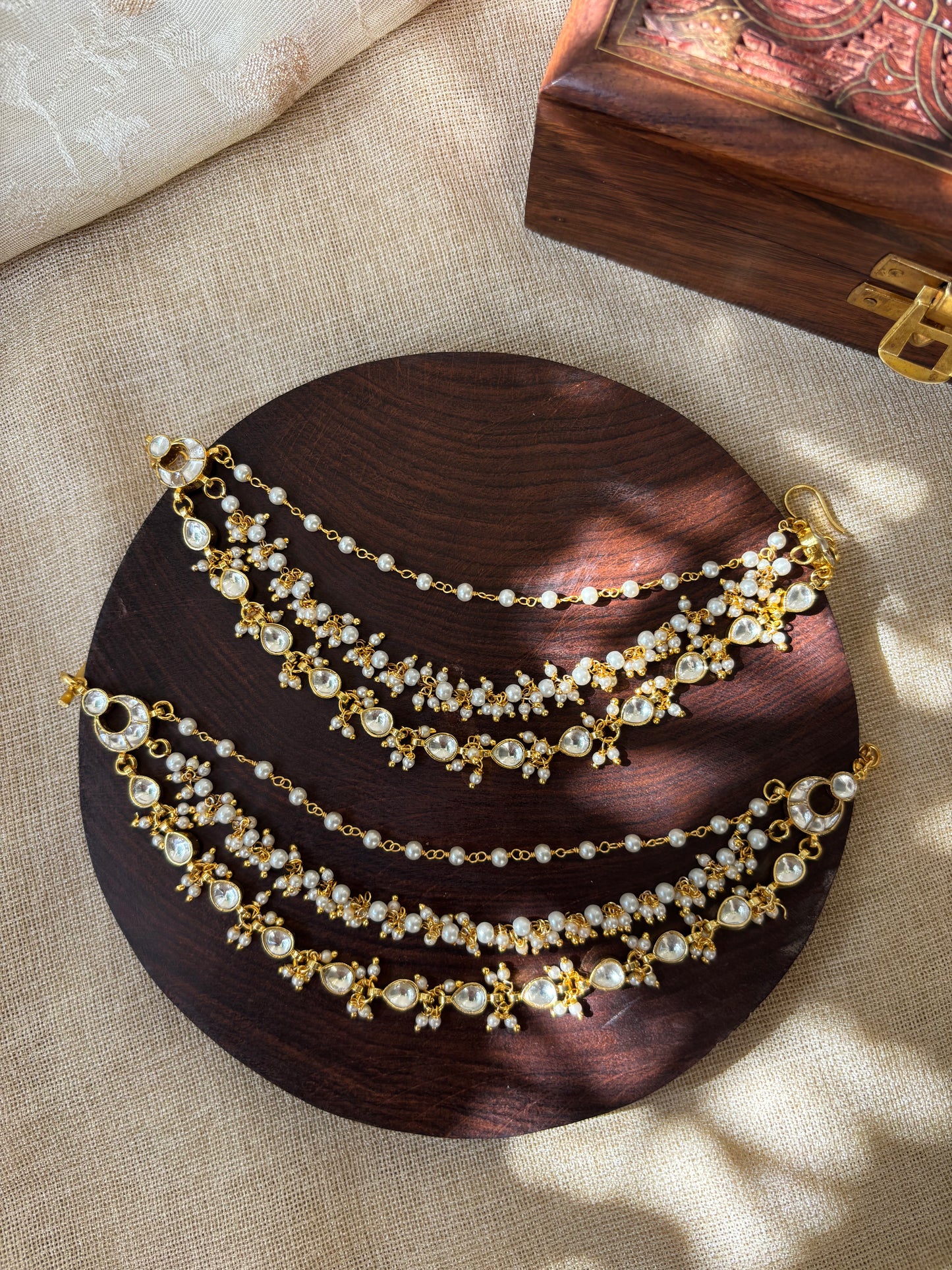 White Gold Pearl Three Layer Ear Chain | EC031
