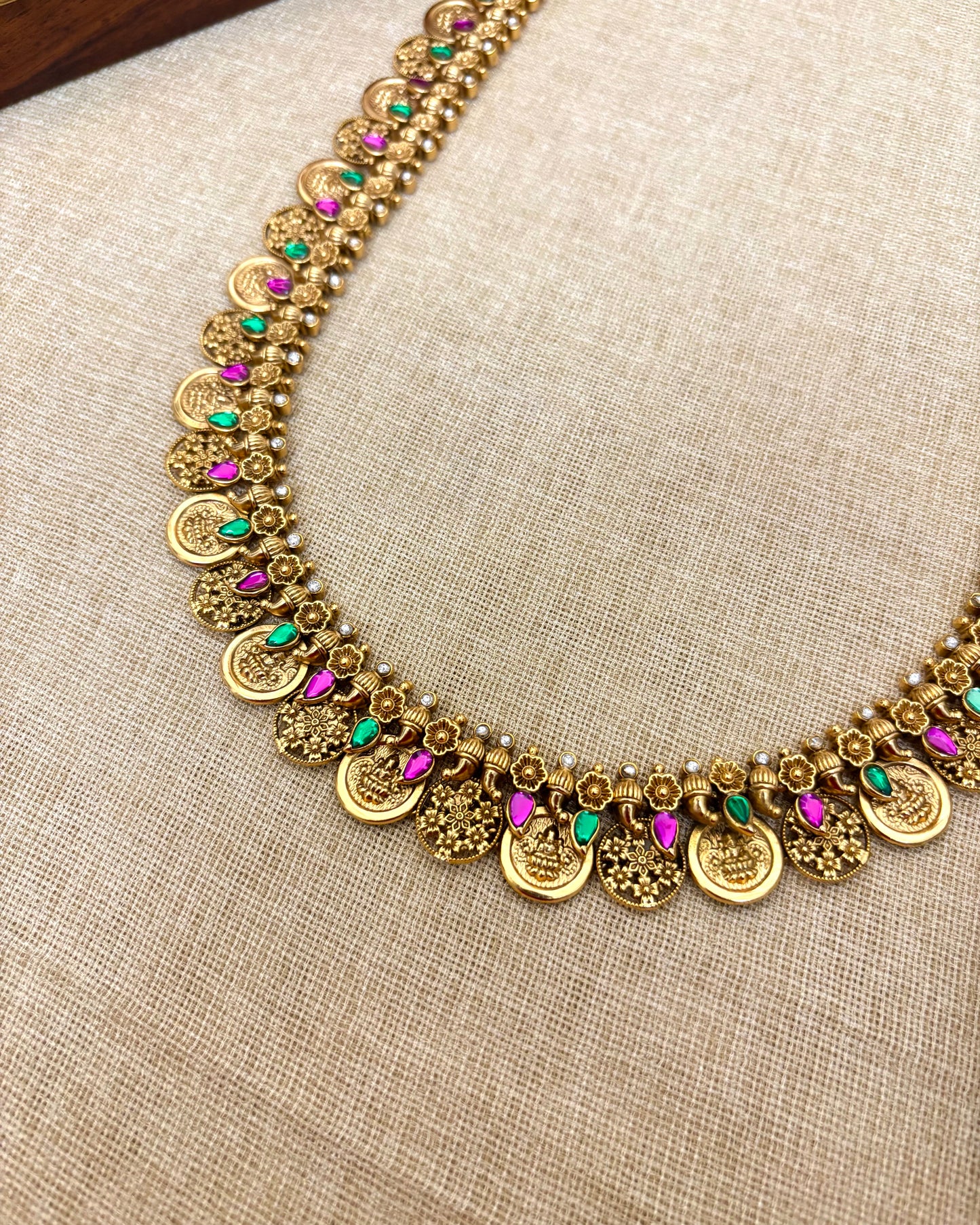 Lakshmi & Floral Kaasu Haram with Kundan Detailing & Matching Jhumkas | NC112