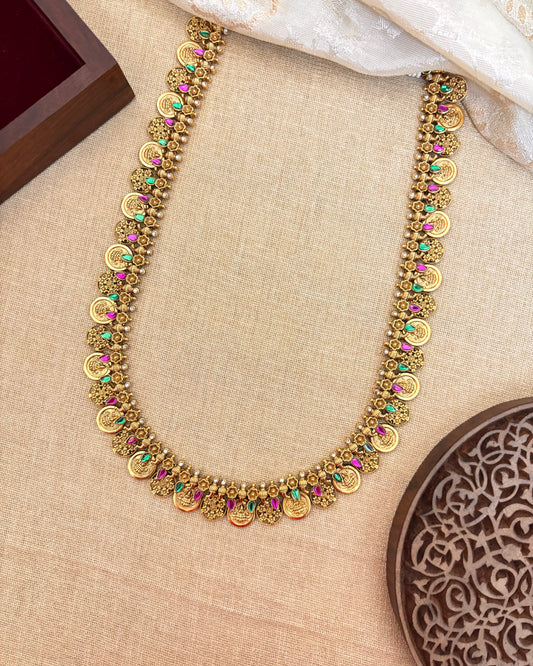 Lakshmi & Floral Kaasu Haram with Kundan Detailing & Matching Jhumkas | NC112