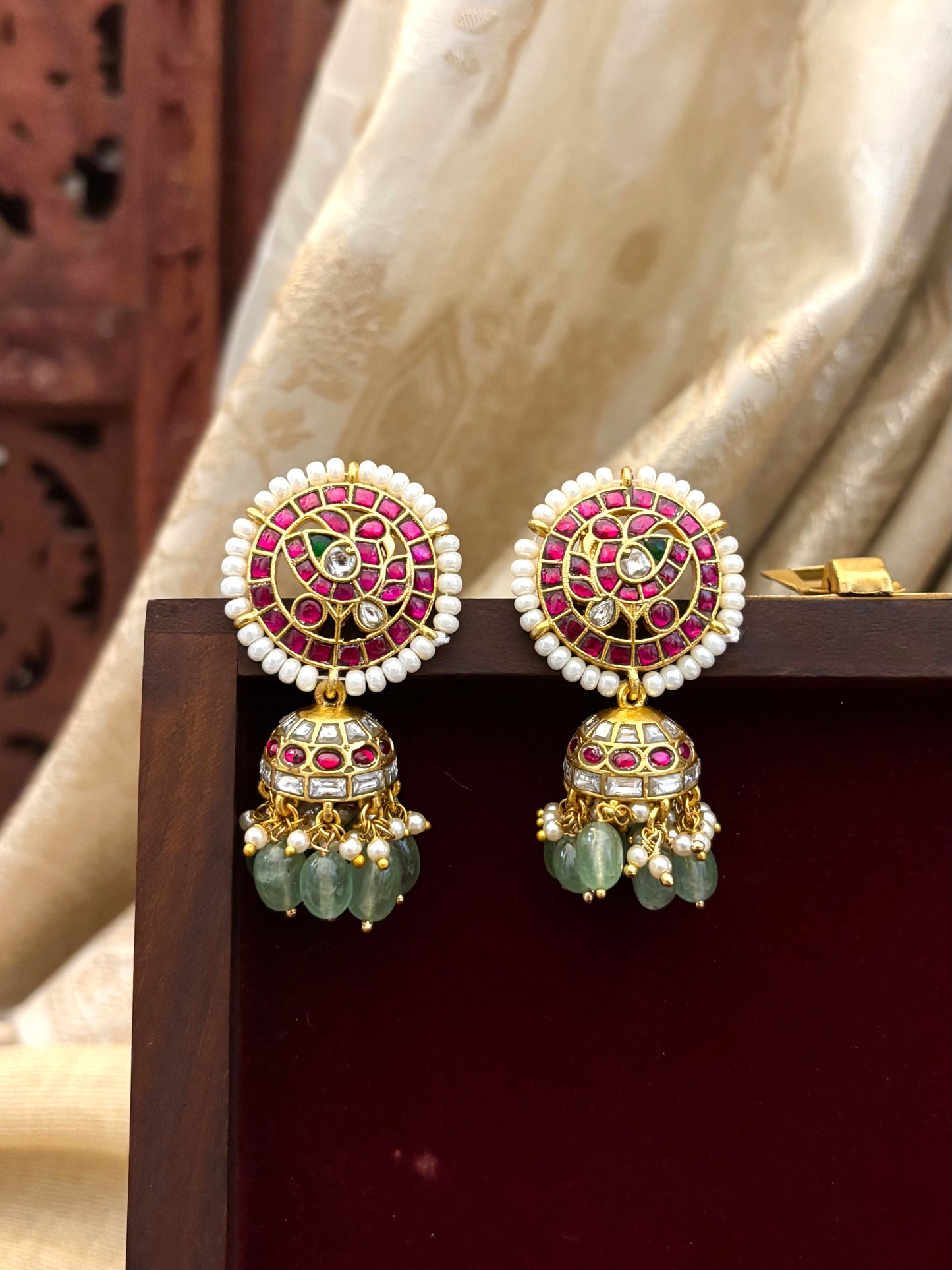 Bridal Jadau Kundan Jhumkas with Pearls & Strawberry Beads | ER079