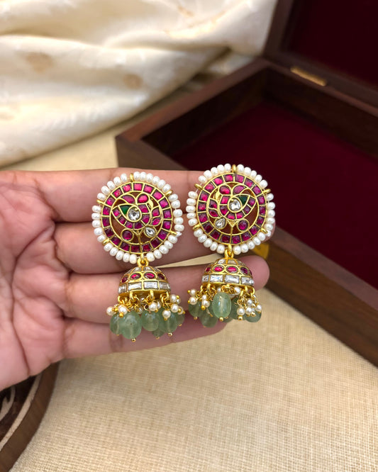 Bridal Jadau Kundan Jhumkas with Pearls & Strawberry Beads | ER079