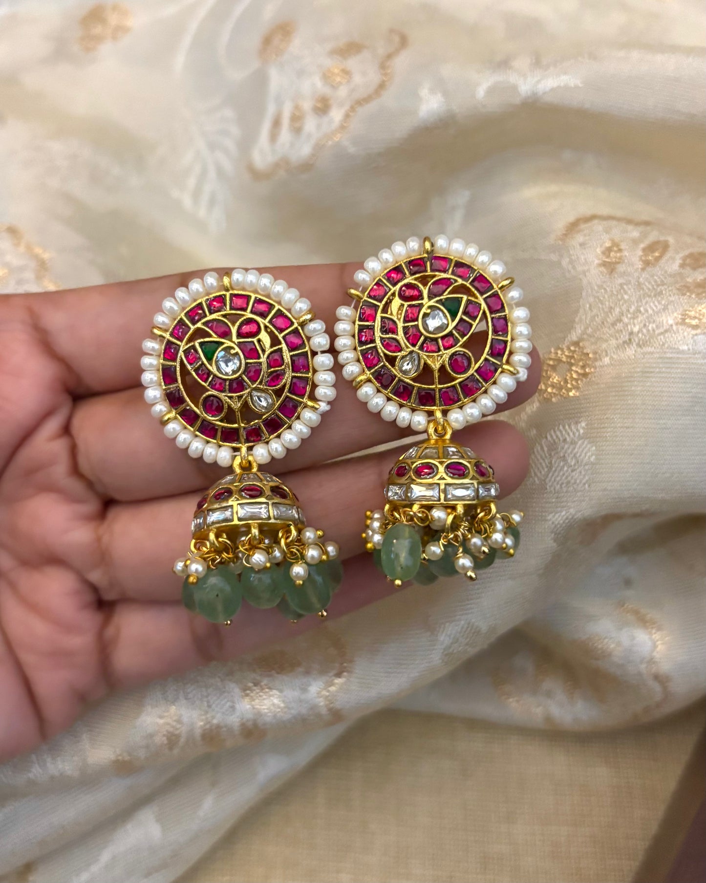 Bridal Jadau Kundan Jhumkas with Pearls & Strawberry Beads | ER079