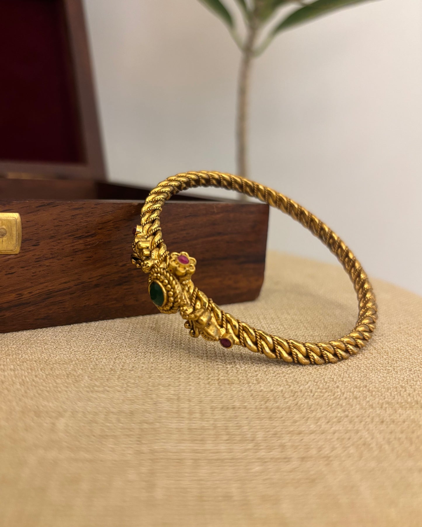 Ruby & Green Jadau Kundan Gold Plated Bangle | BA089