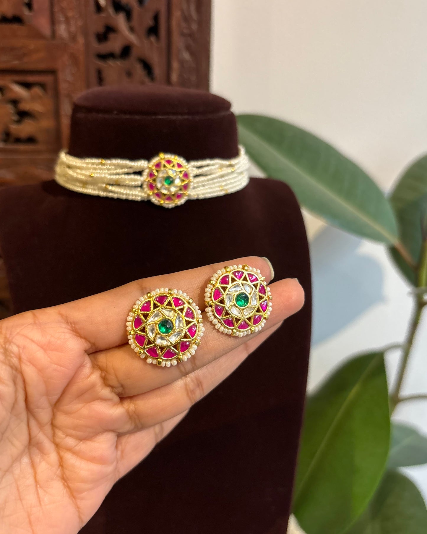 Multi-Color Floral Kundan Choker with Earrings| Handmade Gold Plated | NC299