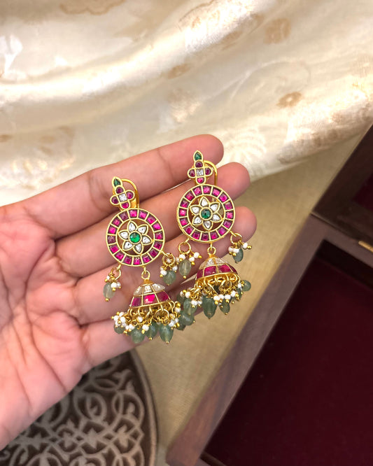 Multicolor Floral Jadau Kundan Jhumkas with Pearl Hangings | ER084